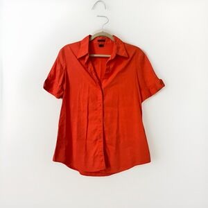 Theory Linen Sz XL Orange Stretch Button Down Blouse Short Sleeve Work Career